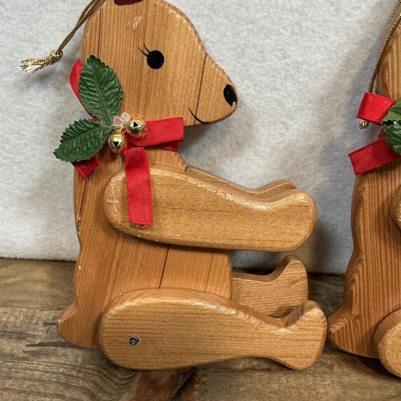 Vintage 2 Teddy Bear Wood Christmas Ornament Moving Arms Legs - Picture 5 of 9